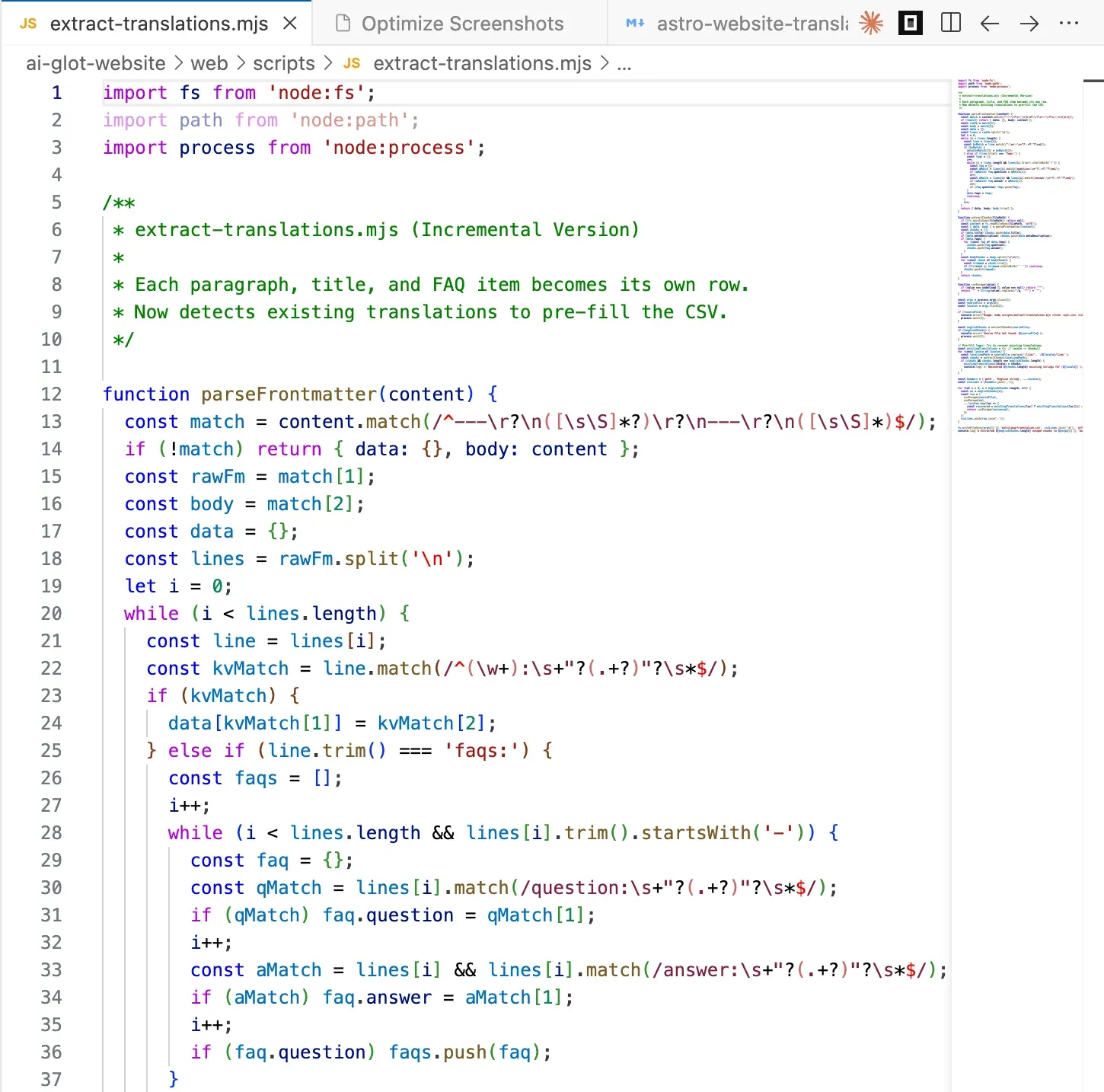 Script de extração de tradução automatizado no editor Antigravity mostrando a lógica de fragmentação