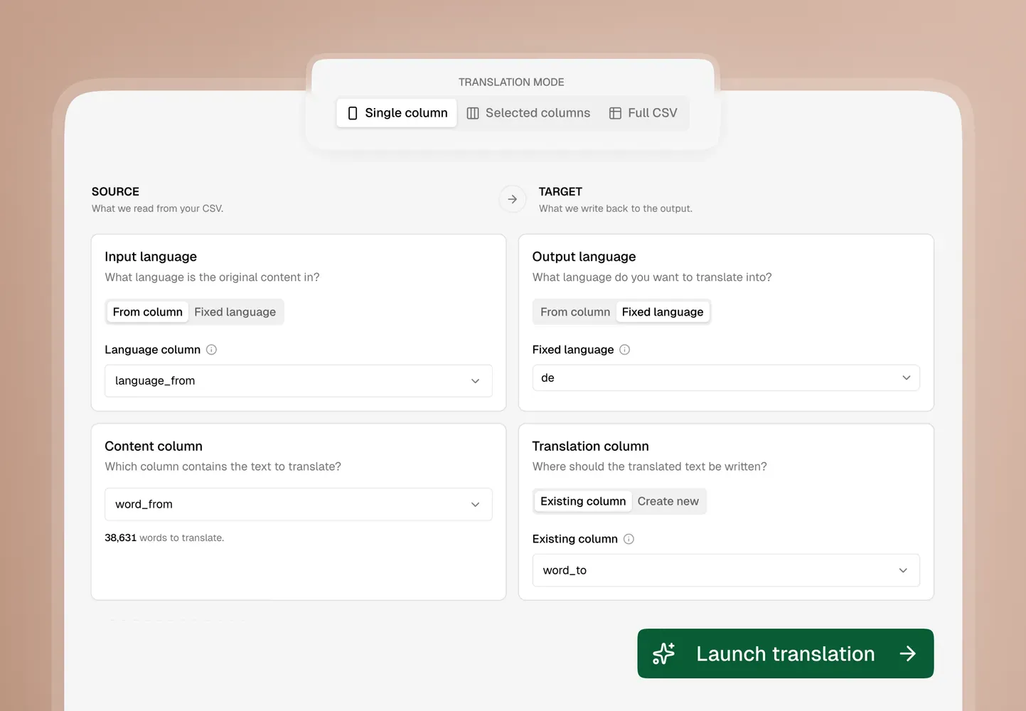 Review the translation mode and field mapping