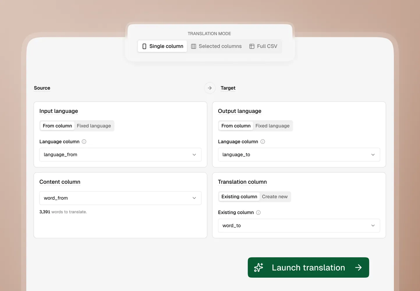 Controlla le colonne selezionate e conferma la configurazione prima di avviare il batch