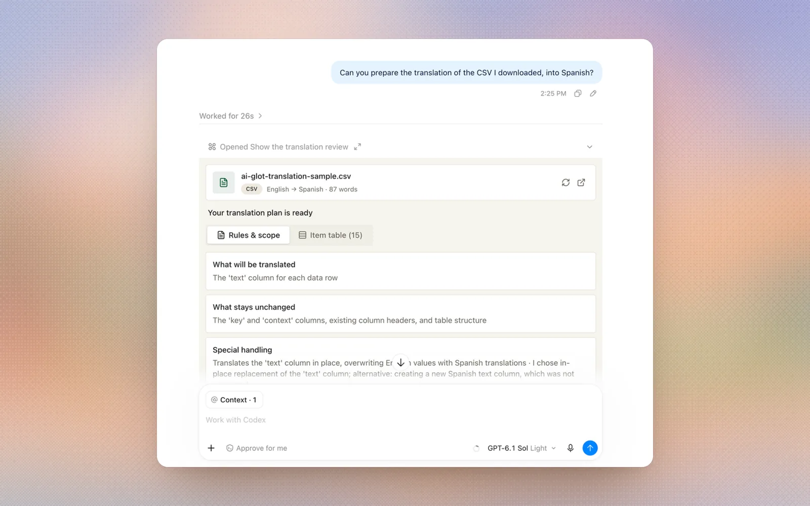 De AI Glot-vertaalcontrole geopend in een chat: het bestand, het plan en wat ongewijzigd blijft, weergegeven door een MCP Apps-host