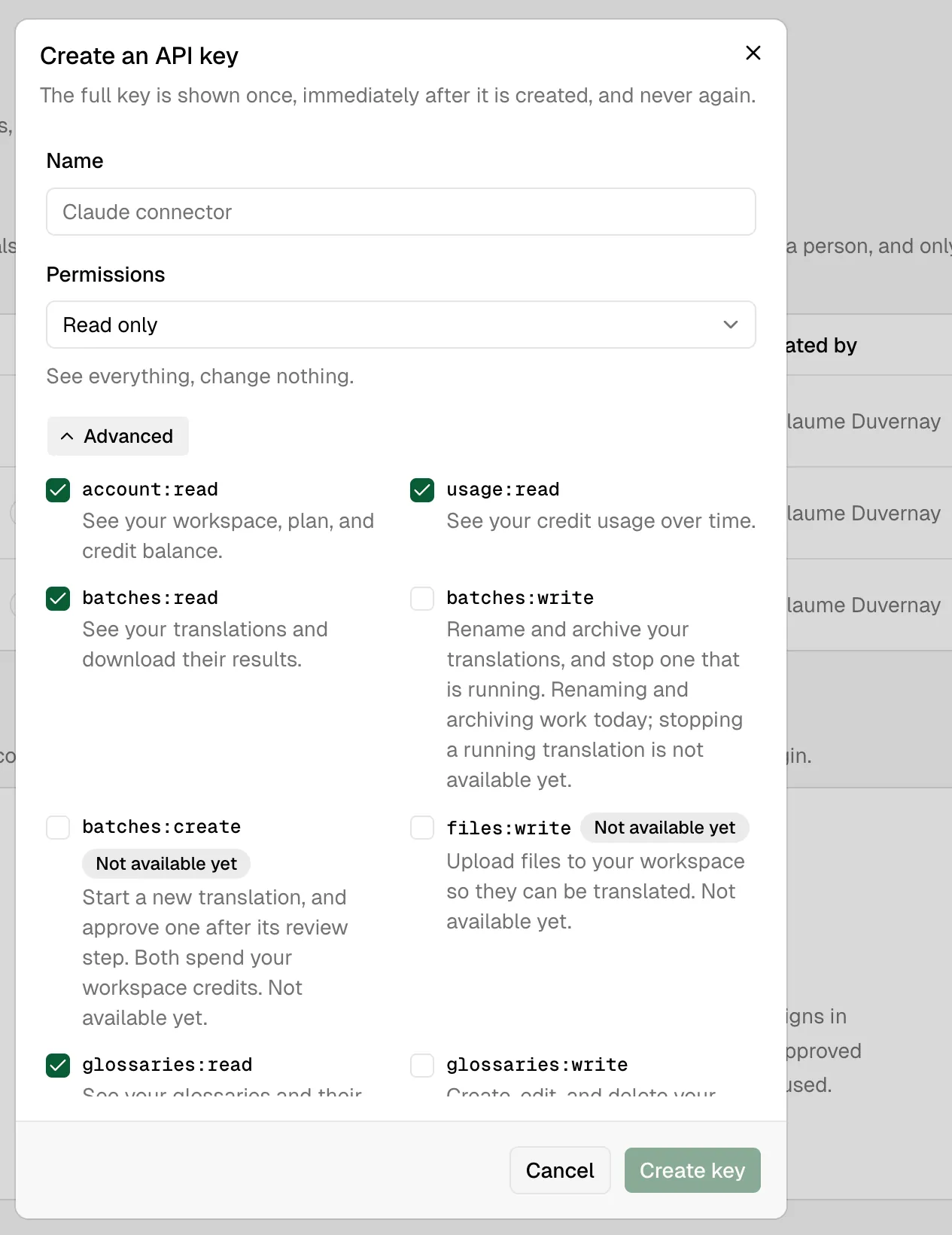 Create an API key dialog
