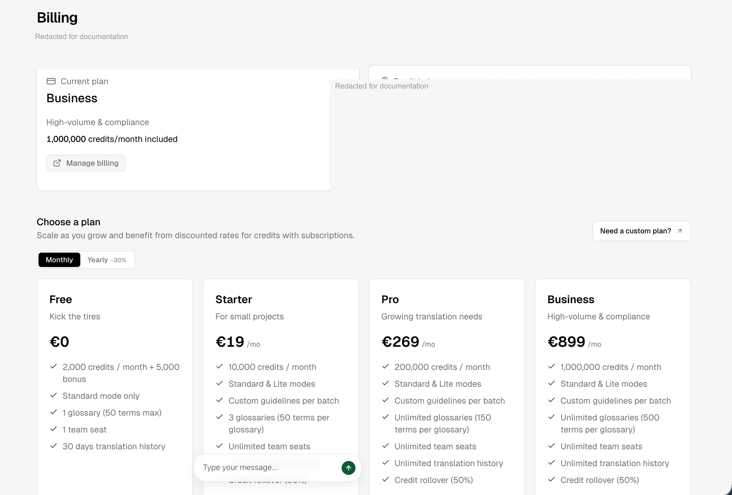 Billing and plans screen