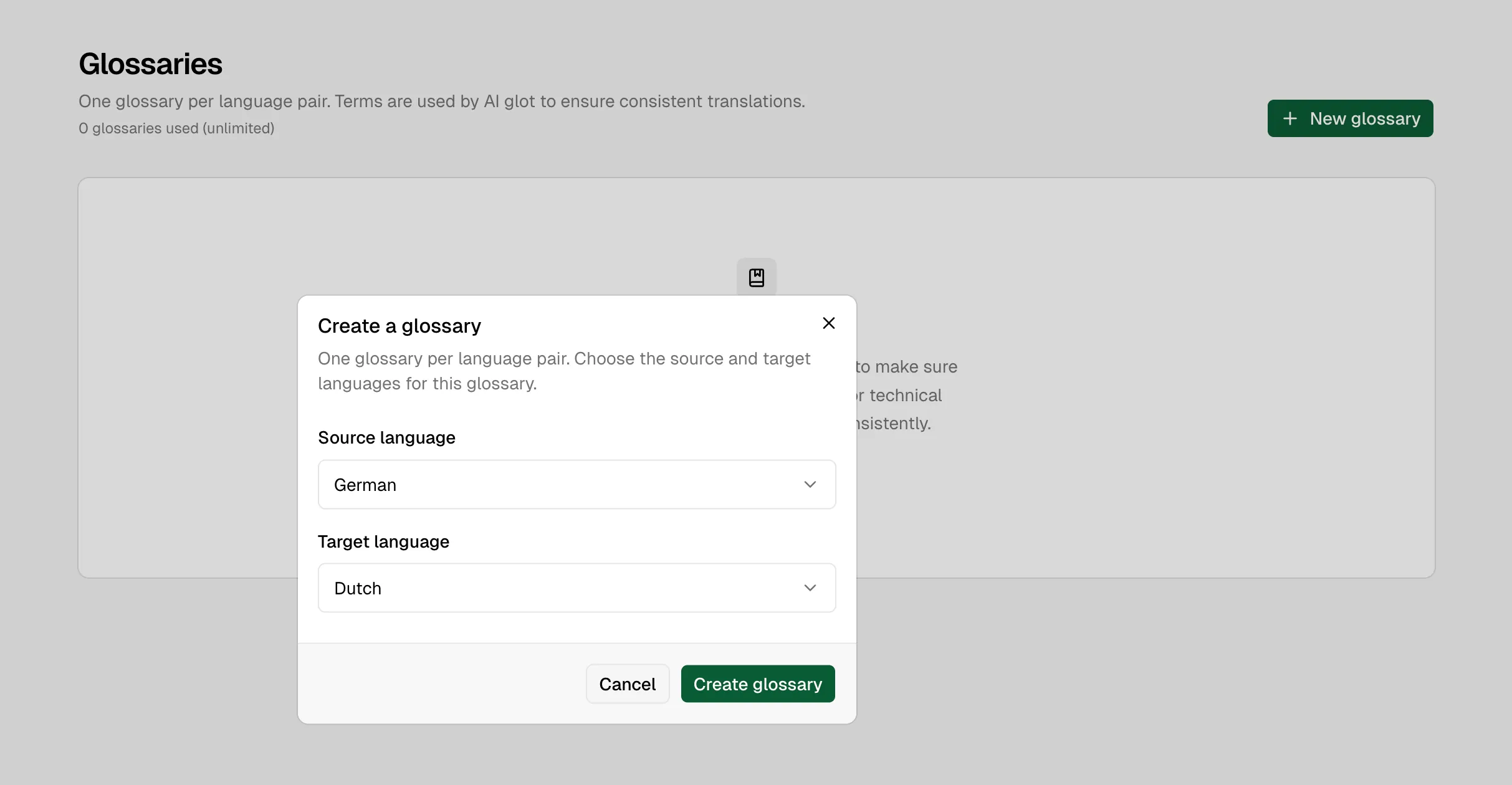 Create glossary dialog