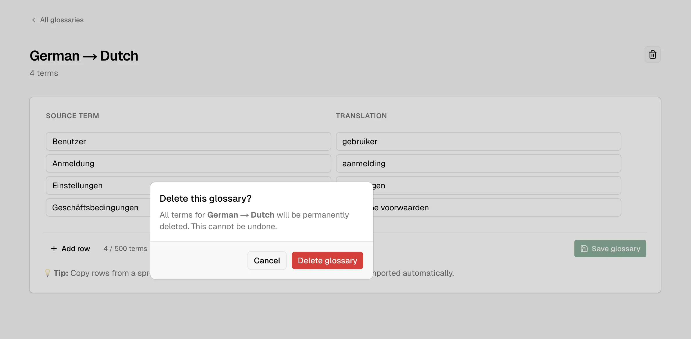 Delete glossary confirmation