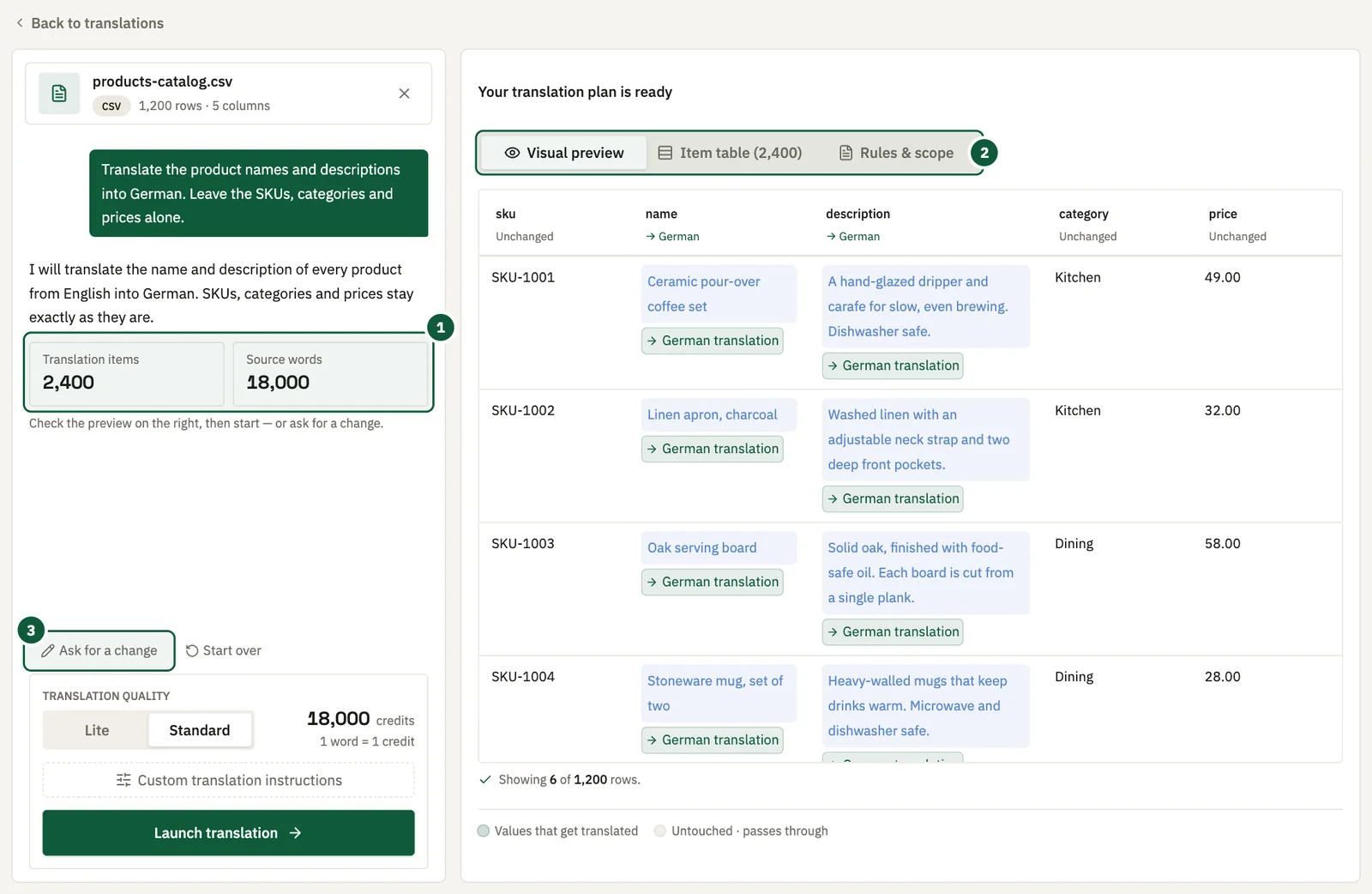 De werkruimte voor een nieuwe vertaling: het bestand en de instructie links, de planpreview rechts en drie genummerde aanduidingen