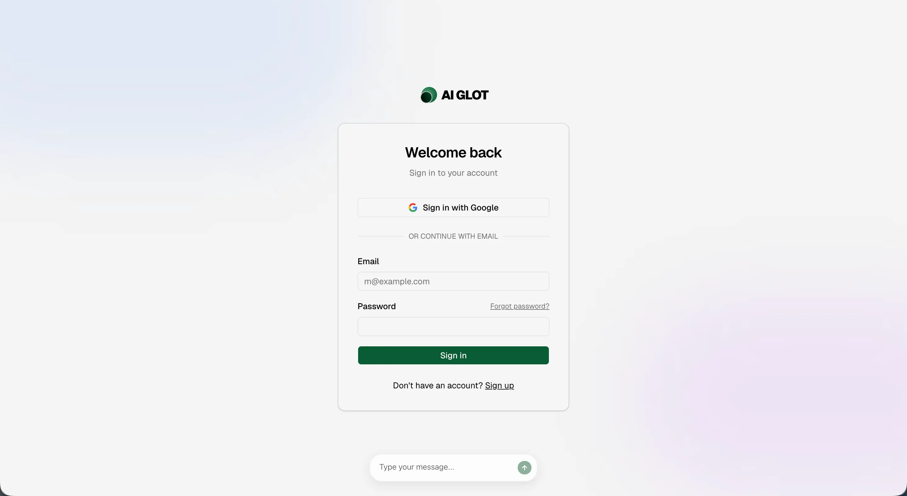 AI Glot sign-in screen