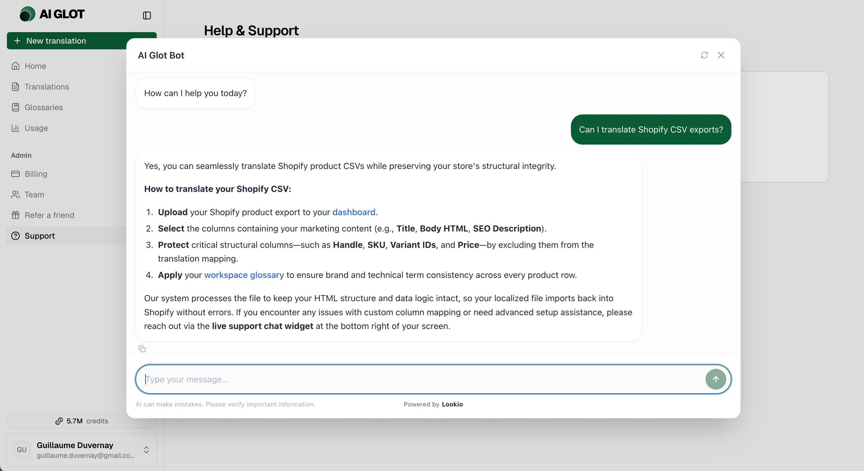 AI Glot support assistant