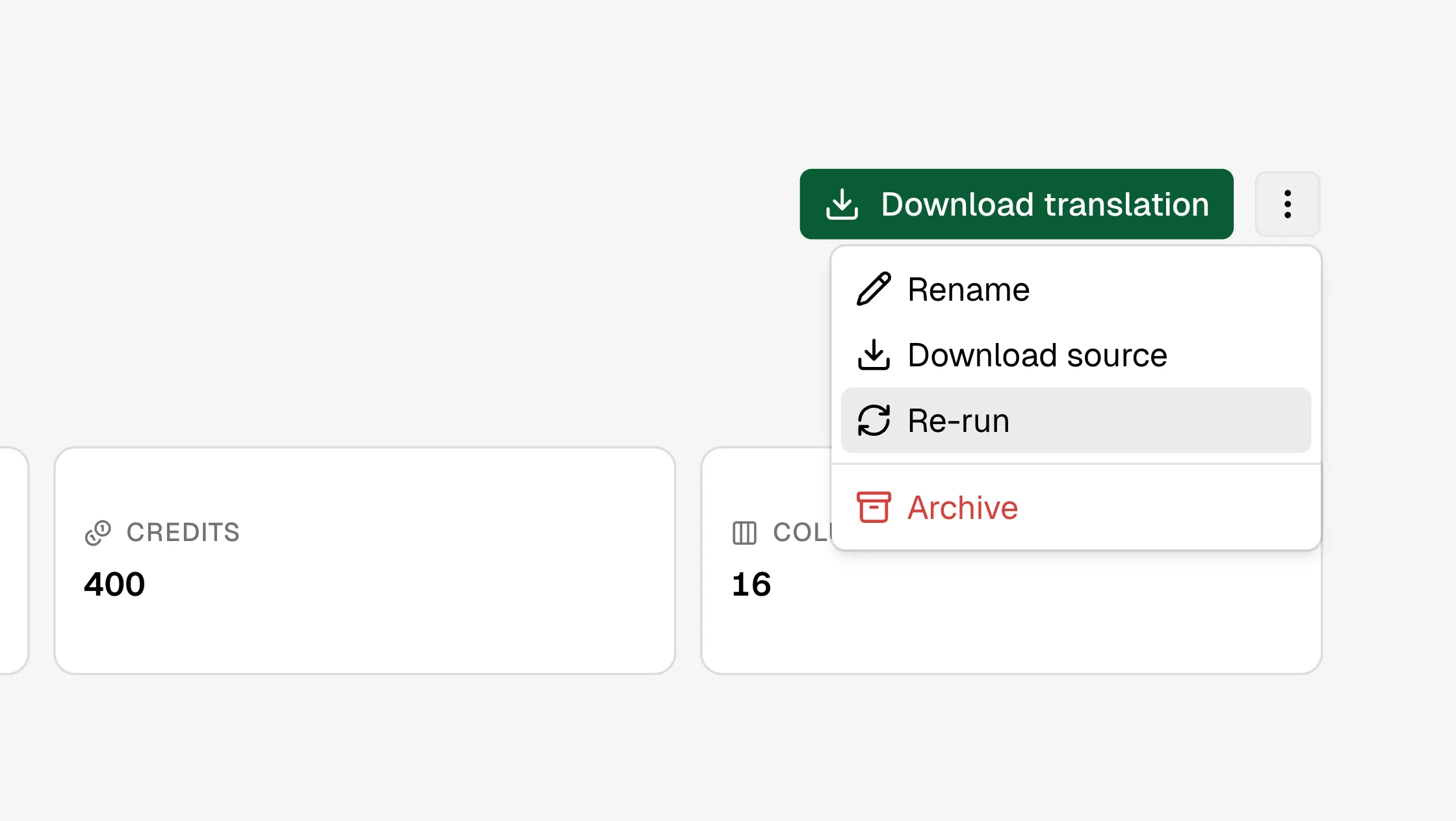 Translation actions menu