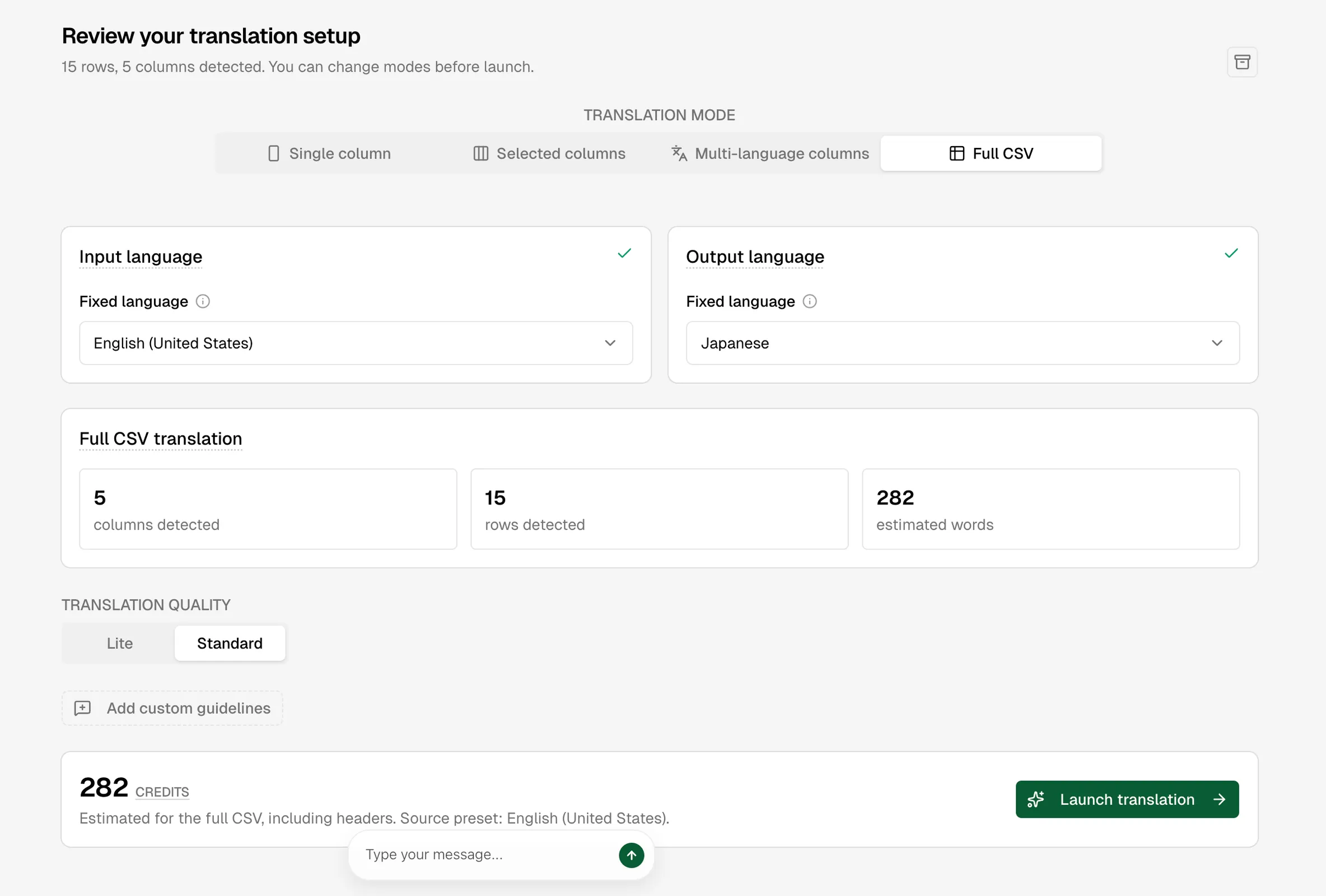 Full CSV review with language, scope and credit estimate