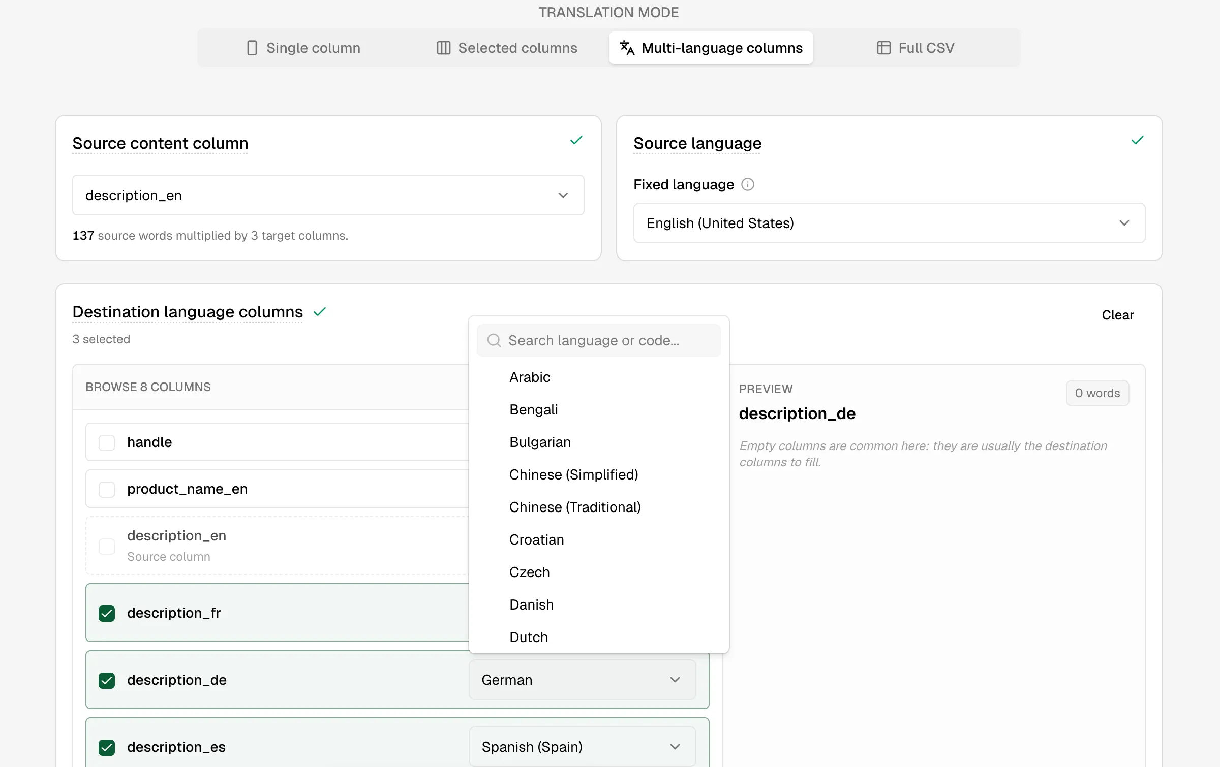 Multi-language column mapping