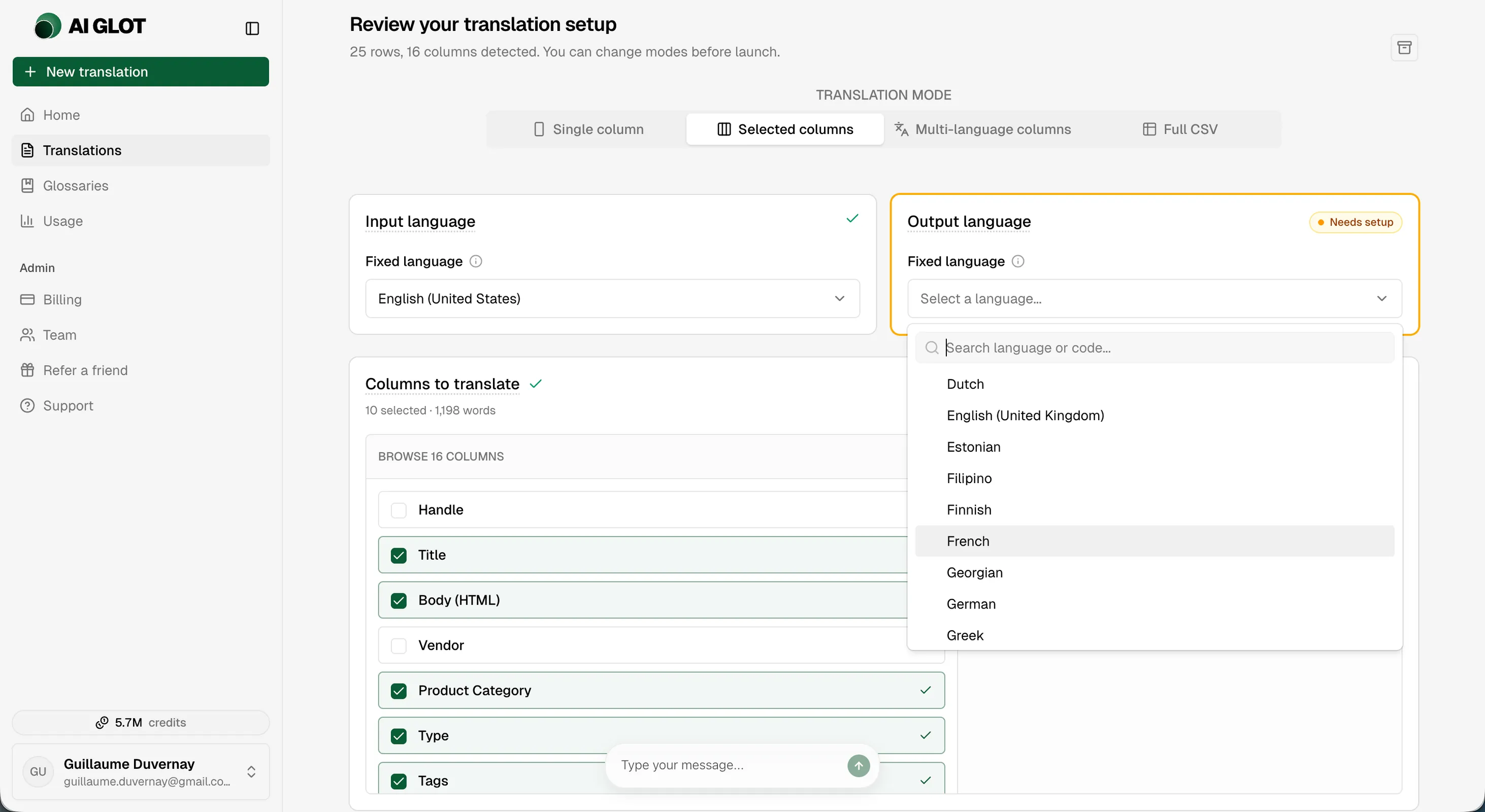 Selected columns mapping and target language