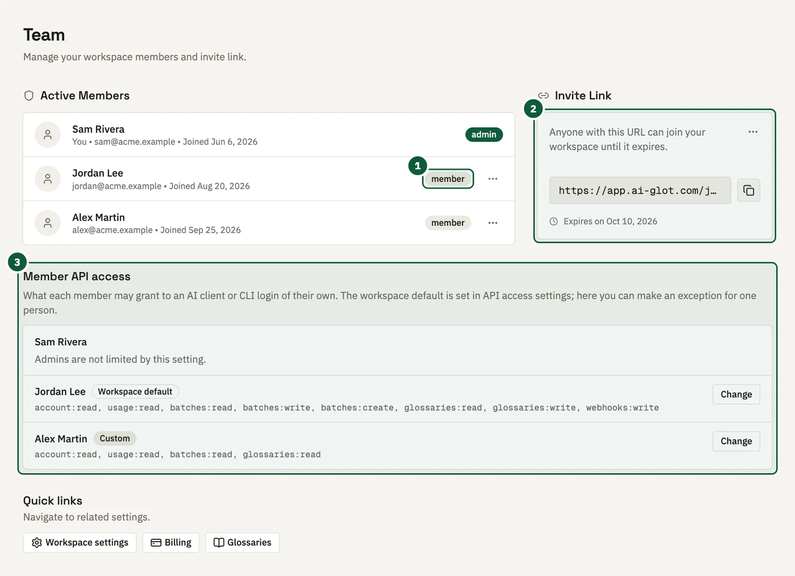 De pagina Team met drie leden en hun rollen, een kaart met een uitnodigingslink en het paneel Member API access